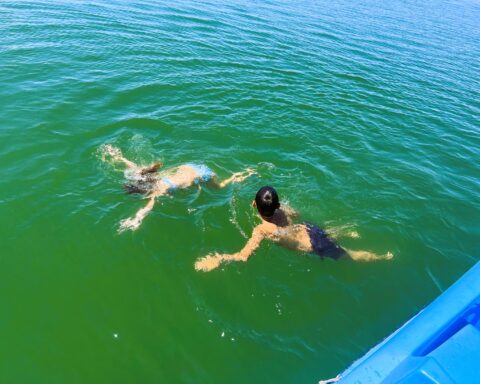 Ein Mädchen und ein Junge schwimmen im Ammersee