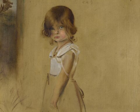 1901 malte Franz von Lenbach seine Tochter Gabriele mit Holzpferdchen, Öl auf Leinwand
